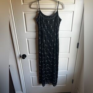 Vintage Navy and Silver Long beaded cocktail dress WITH FLAWS see pics